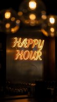 Glowing orange neon happy hour sign in dark bar window with warm bokeh lights creating cozy nightlife atmosphere for restaurant and pub marketing.