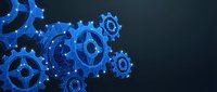 Blue glowing mechanical gears and cogs in low poly wireframe style on dark background for technology and engineering concepts.