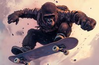 Athletic gorilla in protective gear performing skateboard trick against dramatic sky background, dynamic action pose capturing mid-air movement and urban sports culture.