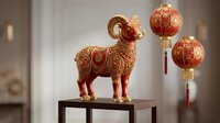 Golden ram figurine with ornate patterns displayed on wooden table beside red lanterns for lunar new year celebration and festive home decoration.