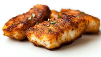 Grilled white fish fillets with crispy seasoned crust and fresh herbs, served on white background. Close up view of flaky, tender seafood with golden-brown searing.