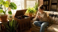 Young woman enjoying coffee while listening to vintage record player in cozy plant-filled living room with natural sunlight streaming through windows.