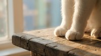 Cat paws on rustic wooden surface with warm sunlight streaming through window creating cozy domestic atmosphere for pet care and animal wellness content.
