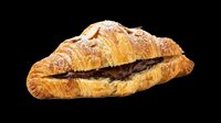 Croissant with chocolate filling isolated on transparent background, ready for bakery designs, food packaging, menus, t-shirt prints, stickers, and print-on-demand products.