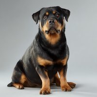 Purebred Rottweiler dog sitting against gray background, showing characteristic black and tan markings. Perfect for pet care advertising or animal training materials.