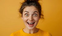 Young woman with braces showing extreme excitement and joy, wearing yellow sweater against orange background. Genuine emotional expression with messy bun hairstyle.