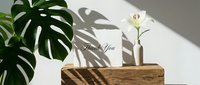 Elegant thank you card on wooden podium with white lily flower and monstera leaf, soft natural shadows on white wall, minimalist style.