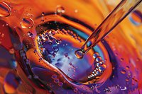 Vibrant macro photography of water drops creating abstract patterns with orange and purple color refraction, liquid surface tension forming spherical shapes and ripples.