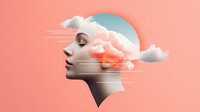Surreal profile portrait with clouds flowing through woman's head against coral background, representing mindfulness and mental clarity.
