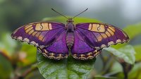 Purple and yellow butterfly with intricate wing patterns resting on green leaf in natural environment, macro photography showing detailed texture and markings.