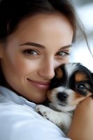 Young woman with natural makeup embracing small tricolor puppy. Close up portrait showing tender connection between pet owner and dog companion.