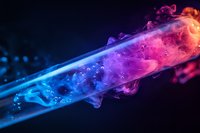 Vibrant blue and pink smoke trails with glowing light beams create dynamic motion effect against dark background, suitable for technology and abstract design projects.
