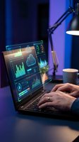 Professional analyst working on laptop with glowing data analytics dashboard displaying charts, graphs and cloud computing metrics in modern office setup.