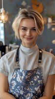 Young female barista with short blonde hair wearing floral pattern apron and white t-shirt smiling warmly at cafe. Soft lighting creates welcoming atmosphere.