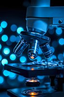 Microscope with multiple objective lenses positioned over illuminated specimen slides against blurred blue bokeh background, suitable for scientific research, medical laboratory, education, and healthcare presentations.