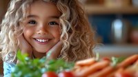 Ly blonde hair smiling near fresh carrots and greens in kitchen, promoting healthy eating habits and nutrition education.