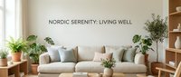 Scandinavian living room with beige sofa, potted plants, wooden shelves, and motivational wall text. Minimalist interior design for home decor, wellness, and lifestyle content.
