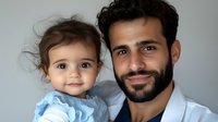 Middle Eastern father and toddler daughter share tender moment against neutral background, expressing family bonding, love and parental care. Natural lighting enhances genuine emotions.