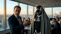 Man in business suit presenting advanced robot with black and blue design to corporate audience in high-rise office with city skyline view for technology, innovation, and future business concepts.