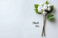 White delicate flowers with green leaves arranged on light background with thank you text, minimal composition for greeting cards and social media posts.