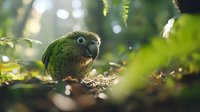 Green parrot chick with large eyes perched on forest floor surrounded by lush vegetation and soft bokeh background light.