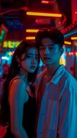 Young Asian couple in neon-lit nightclub setting with vibrant red and blue lighting. Woman in black dress and man in white shirt pose dramatically against colorful urban background.