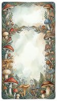 Watercolor mushroom border frame with various fungi, ferns, and botanical elements surrounding a blank center space for text or design.
