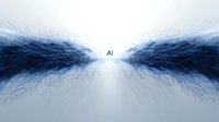 Abstract blue fractal waves radiating from central bright light point against white background, creating dynamic symmetrical pattern with depth and movement.
