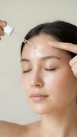 Young Asian woman applying facial serum with dropper for skincare routine, eyes closed in peaceful expression, natural beauty and wellness concept.