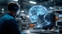 Businessman observing holographic artificial intelligence brain projection in modern office space, representing future technology and machine learning advancement.