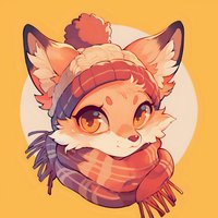 Cute fox character wearing winter accessories including striped scarf and knit hat with pom pom against orange background, anime style illustration.