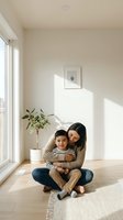 Asian mother hugging young son on floor in bright minimalist living room with natural light, plant, and warm neutral tones.