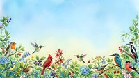 Colorful birds and hummingbirds perched among blooming wildflowers and lush green foliage against a soft blue sky, ideal for nature-themed designs and wildlife illustrations.