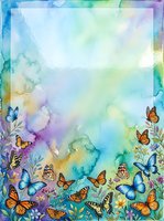 Watercolor frame with colorful butterflies and wildflowers on a pastel rainbow background, copy space for text, spring nature border design.