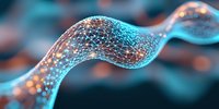Glowing neural network visualization with interconnected nodes forming wave pattern against dark background, blue and orange technological concept.