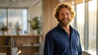 Smiling middle-aged Caucasian businessman with curly hair in navy shirt standing confidently in modern office workspace with natural lighting.