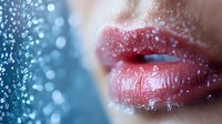 Sensual close up of glossy pink lips with water drops and bokeh effect in cool blue tones, macro beauty shot for cosmetic and skincare advertising.