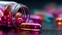 Vibrant pink and red medicine capsules spilling from glass bottle on dark surface with bokeh lights creating dramatic pharmaceutical composition.