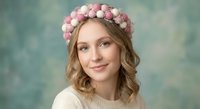 Young blonde woman wearing pink flower crown headband with soft curls and cream sweater against dreamy bokeh background for spring portrait.