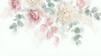 Watercolor floral arrangement with soft pink roses, white peonies and eucalyptus leaves on light background for wedding invitations and romantic designs.