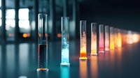 Laboratory test tubes with colorful glowing liquids arranged in row on dark background, creating dramatic scientific atmosphere with bokeh lights.