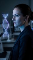 Female scientist examining glowing DNA helix hologram in modern laboratory for genetic research and biotechnology innovation.