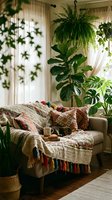 Cozy living room corner with beige armchair, patterned pillows, woven throw blanket, and lush hanging ferns by sunlit window with sheer curtains for home decor.