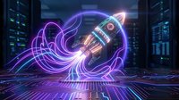 Neon glowing rocket launching through digital circuit board with purple and cyan light trails in futuristic server room environment for tech startup and innovation concepts.