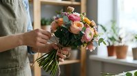 Florist arranging colorful rose bouquet with ribbon in bright workshop studio. Fresh flowers for wedding, gift or special occasion celebration.