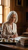 Mature woman with gray hair wearing beige blazer writing at wooden desk in elegant office with warm lighting, suitable for business, professional, and corporate concepts.