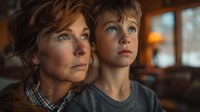 Caucasian mother and son looking up with concerned expressions in warm indoor lighting, emotional family moment capturing worry and anticipation.