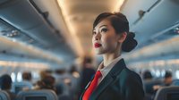 Professional Asian female flight attendant in uniform standing confidently in airplane cabin aisle during commercial flight service.