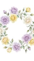 Watercolor floral frame with purple and yellow roses, green leaves and buds on white background. Wedding invitation, greeting card, scrapbooking design element.