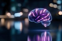 Glowing purple brain hologram floating against dark background with bokeh lights and reflection, representing artificial intelligence and neuroscience concepts.